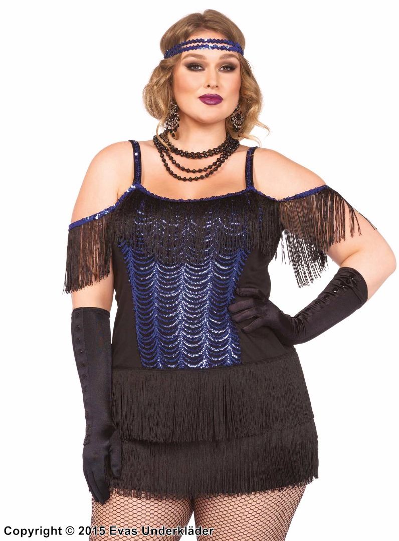 Gatsby flapper, costume dress, sequins, fringes, cold shoulder